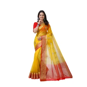 BS Women's Organza jacquard Embellished Saree With Unstitched Blouse 5.5Mtr (Yellow)