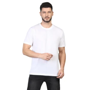 BS Men's Casual Half Sleeve Solid Cotton Blended Round Neck T-shirt (White)