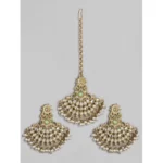 BS Women's Rose Gold Plated Alloy Kundan Earrings & Mangtikka (White)