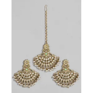 BS Women's Rose Gold Plated Alloy Kundan Earrings & Mangtikka (White)