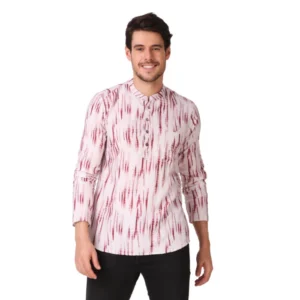 BS Men's Cotton Rayon Digital Printed Mandarin Collar Short Kurta (Pink)