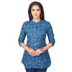 BS Women's Cotton Blend Mandarin Collar 3/4 Sleeves Short Top (Blue)