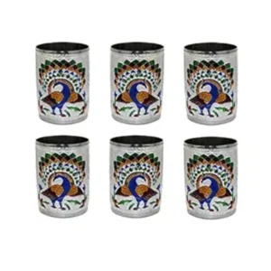 BS Steel Meenakari Peacock Design Decorative Glass Set (Silver)