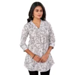 BS Women's Poly Crepe Chinese Collar 3/4 Sleeves Short Top (Black-White)