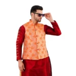 BS Men's Jacquard Self-Design Sleeveless Mandarin Neck Waistcoat (Orange)