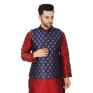 BS Men's Jacquard Self-Design Sleeveless Mandarin Neck Waistcoat (NavyBlue-Gold)