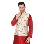 BS Men's Jacquard Self-Design Sleeveless Mandarin Neck Waistcoat (Cream)