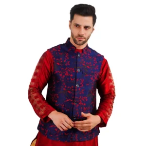 BS Men's Jacquard Self-Design Sleeveless Mandarin Neck Waistcoat (Blue-Red)