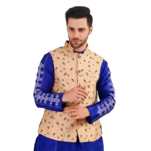 BS Men's Jacquard Self-Design Sleeveless Mandarin Neck Waistcoat (Beige)