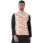 BS Men's Jacquard Printed Full Sleeve Waistcoat (Red-Beige)