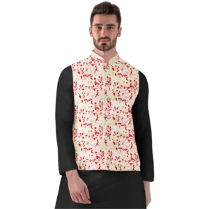 BS Men's Jacquard Printed Full Sleeve Waistcoat (Red-Beige)