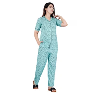 BS Women's Casual Half Sleeve Printed Viscose Rayon Shirt With Pyjama Pant Night Suit Set (Green)