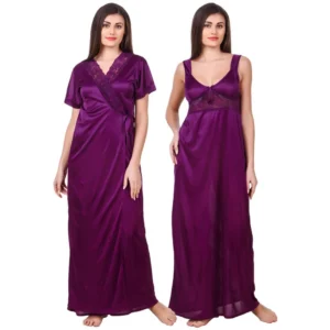 BS Women's Satin 2 PCs Set of Nighty And Wrap Gown with Half Sleeve(Color: Purple, Neck Type: Sweatheart Neck)