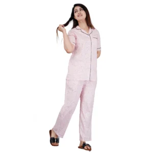 BS Women's Casual Half Sleeve Printed Viscose Rayon Shirt With Pyjama Pant Night Suit Set (Pink)