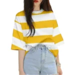 BS Women's Lycra Striped Round Neck Short Sleeve T-Shirt (White-Yellow)