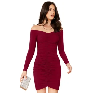 BS Women's Knitting stretchable Solid V Neck Full Sleeve Dress (Maroon)