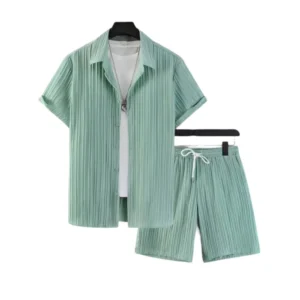 BS Men's Popcon Striped Half Sleeve Shirt and Shorts Set (Green)