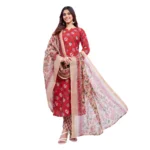 BS Women's Cotton Blend Printed Kurti With Pant Dupatta Set (Red)