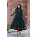 BS Women's Georgette Embroidery 3-4th Sleeve Round Neck Kurti with Dupatta Set (Green)