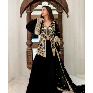 BS Women's Georgette Embroidery 3-4th Sleeve V-Neck Kurti, Palazzo And Dupatta Set (Black)