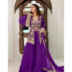 BS Women's Georgette Embroidery 3-4th Sleeve V-Neck Kurti, Palazzo And Dupatta Set (Purple)