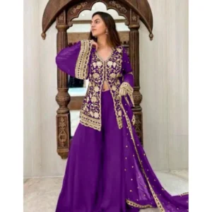 BS Women's Georgette Embroidery 3-4th Sleeve V-Neck Kurti, Palazzo And Dupatta Set (Purple)