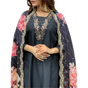 BS Women's Viscose Rayon Embroidery 3-4th Sleeve V Neck Kurti Set With Dupatta (Black)