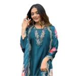 BS Women's Viscose Rayon Embroidery 3-4th Sleeve V Neck Kurti Set With Dupatta (Turquoise Blue)