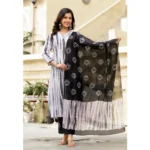 BS Women's Cotton Printed 3-4 th Sleeve V Neck Kurti With Pant Dupatta Set (Black)