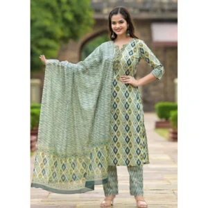 BS Women's Cotton Printed 3-4 th Sleeve V Neck Kurti With Pant Dupatta Set (Green)