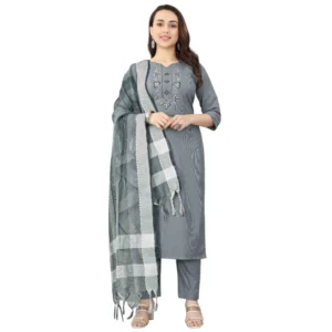 BS Women's Cotton Blend Mirror Work 3-4 th Sleeve Sweetheart Neck Kurti With Pant Dupatta Set (Grey)