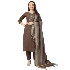BS Women's Cotton Blend Mirror Work 3-4 th Sleeve Sweetheart Neck Kurti With Pant Dupatta Set (Brown)