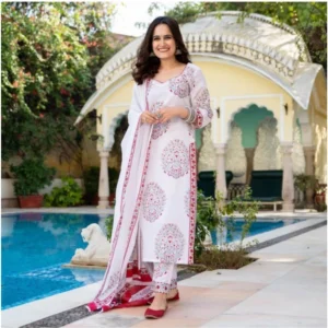 BS Women's Casual 3/4th Sleeve Floral Print Cotton Kurti Set (White)