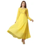 BS Women's Georgette Embroidered Full Sleeve Round Neck Gown (Yellow )