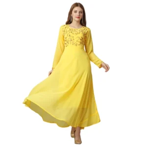 BS Women's Georgette Embroidered Full Sleeve Round Neck Gown (Yellow )