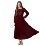 BS Women's Georgette Embroidered Full Sleeve Round Neck Gown (Maroon)