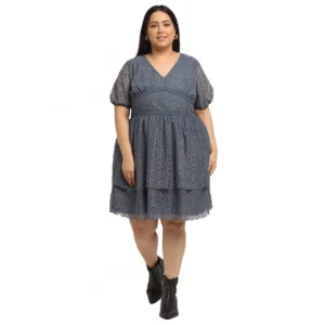 BS Women's Net Solid Knee Length Fit and Flare Dress (Gery)