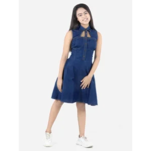 BS Girl's Denim Solid Sleeveless Shirt collar Dress (Blue)