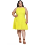 BS Women's Georgette Solid Knee Length Fit and Flare Dress (Yellow)