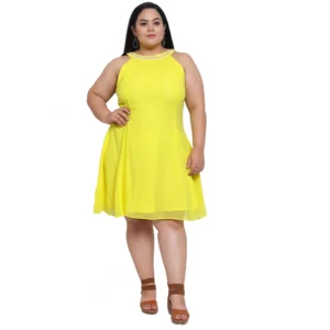BS Women's Georgette Solid Knee Length Fit and Flare Dress (Yellow)