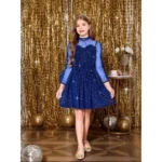 BS Girl's Rayon Solid Round Neck Western Dress (Blue)