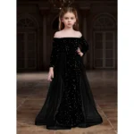 BS Girl's Rayon Solid Off Sholder Western Dress (Black)