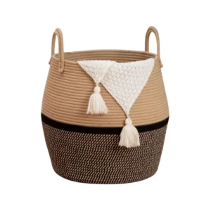 BS Cotton Matka With Handle 14x12 Inch Storage Basket For Clothes (Beige Black)